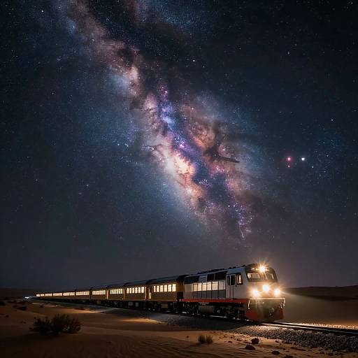Photograph of a train at night with the Milky Way galaxy stretching across the starry sky above, illuminating the desert landscape.