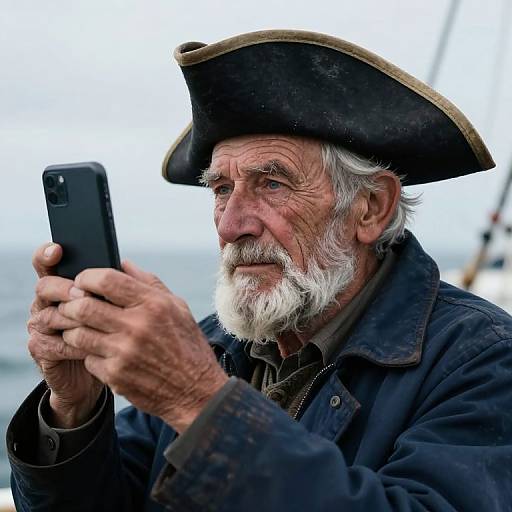 Photograph of an elderly white man with a white beard and black tricorn hat, wearing a dark coat, intently taking a selfie with a smartphone
