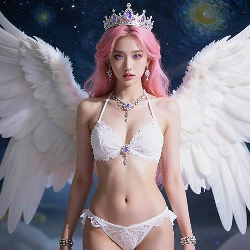 Fantasy Angelic Goddess with White Wings and Pink Hair