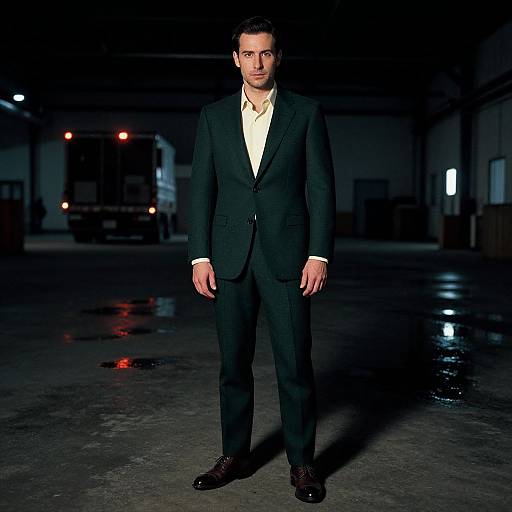 Photograph of a serious-looking man in a black suit, white shirt, and brown shoes standing in a dimly lit, industrial warehouse with reflective floor