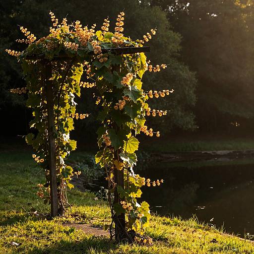 Sunlit Trellis Vine with Golden Seed-Pods