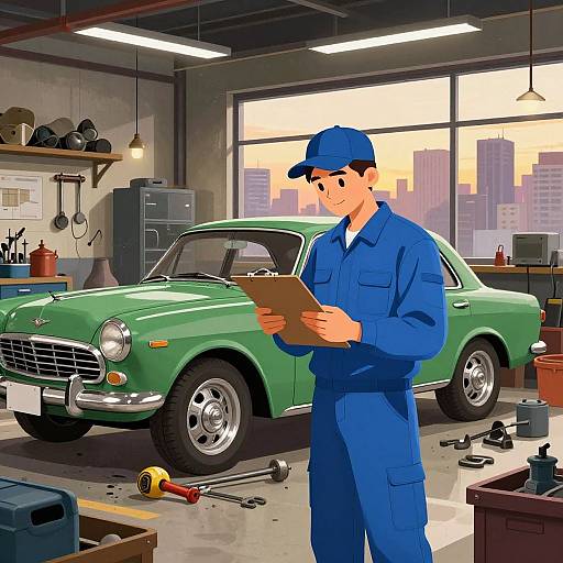 Mechanic Inspecting Classic Car Illustration