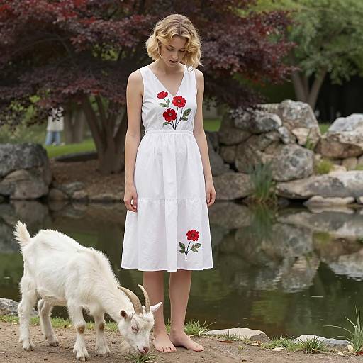 Woman in White Dress with Goat by Pond