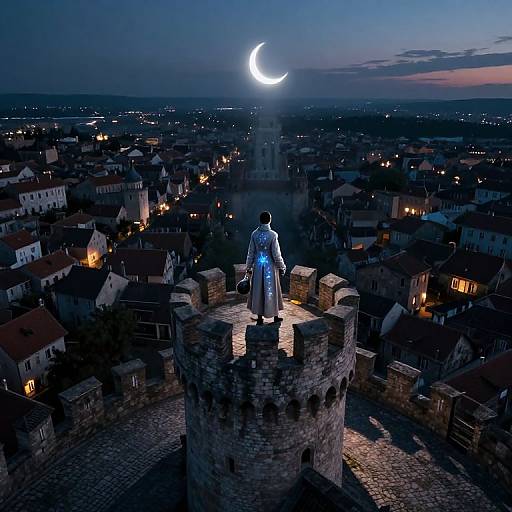 Photograph of a person in a glowing blue robe standing on a stone tower rooftop at dusk, gazing at a crescent moon over a dark,