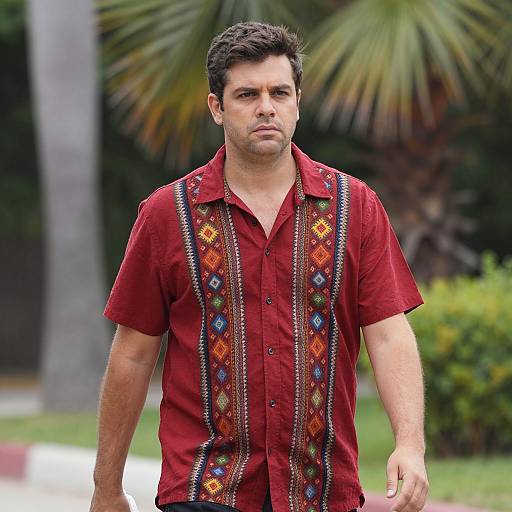 Man Walking Outdoors in Colorful Shirt