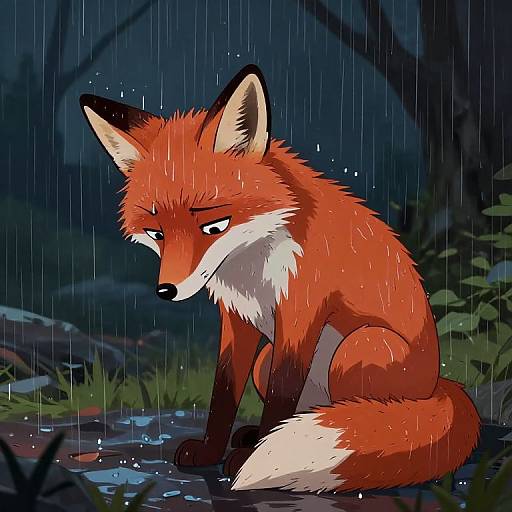 Digital illustration of a sad, orange fox with white underbelly and black-tipped ears, sitting in a rainy forest, paws touching a pudd