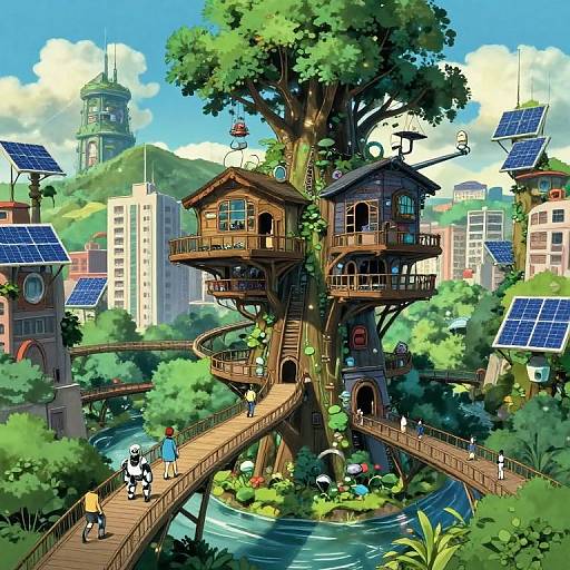 Digital artwork of a vibrant, futuristic treehouse village with solar panels, wooden bridges, and colorful buildings surrounded by lush greenery and a blue sky.