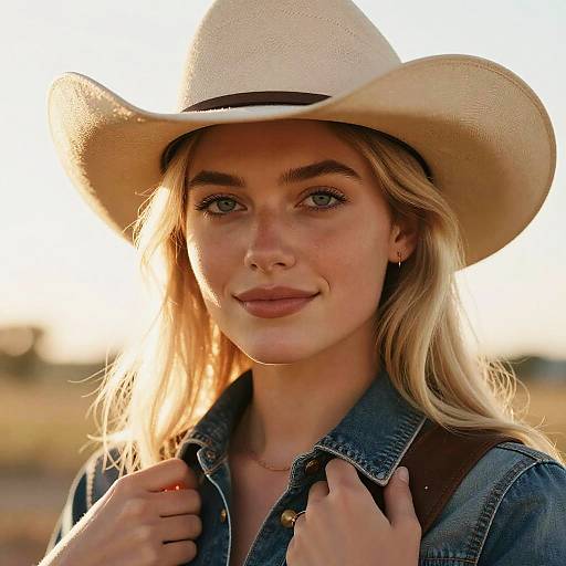 Photograph of a blonde woman with fair skin, wearing a white cowboy hat, denim jacket, and hoop earrings, smiling softly at the camera in a