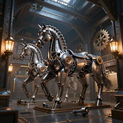 Photograph of two metallic, steampunk-style horses with intricate gears and cogs, standing in a dimly lit, industrial warehouse. Warm lantern