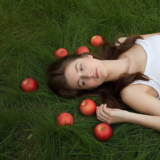 Photograph of a fair-skinned woman with long brown hair, lying on green grass, wearing a white sleeveless top, surrounded by red apples.