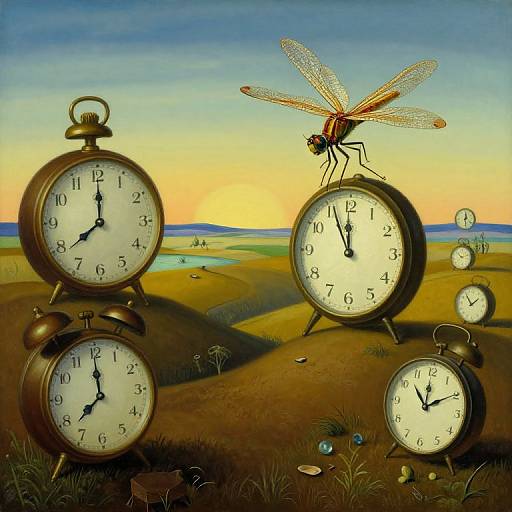 Photorealistic digital painting of five vintage alarm clocks in a surreal landscape, with a detailed dragonfly perched on the rightmost clock, sunset sky