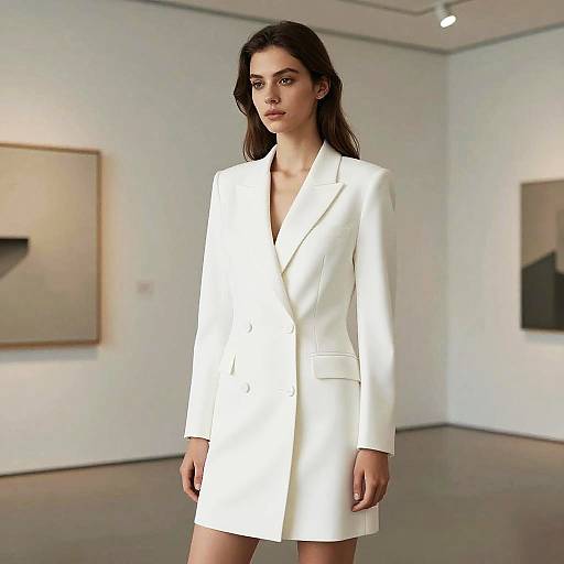 Photograph of a young woman with straight, dark brown hair in a white, long-sleeve, V-neck blazer standing in a modern,