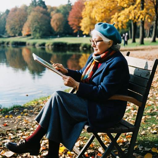Elderly Woman Painting by Autumn Lake