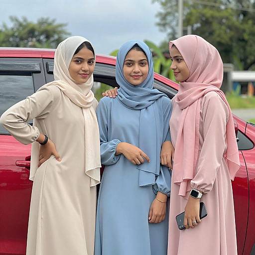 Three Young Women in Colorful Hijabs