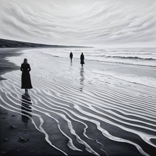 Monochromatic Surrealistic Beach with Ghostly Figures