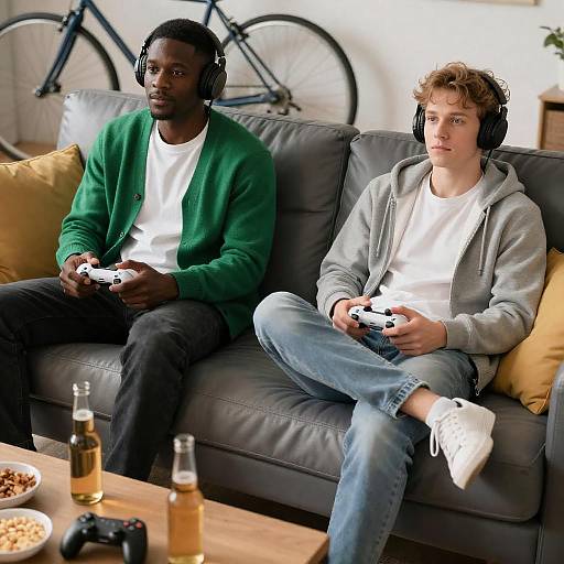 Relaxed Gaming Scene on Grey Couch