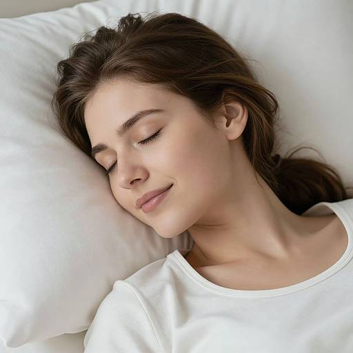 Photograph of a young woman with closed eyes, light skin, and brown hair, peacefully sleeping on a white pillow and wearing a white shirt.