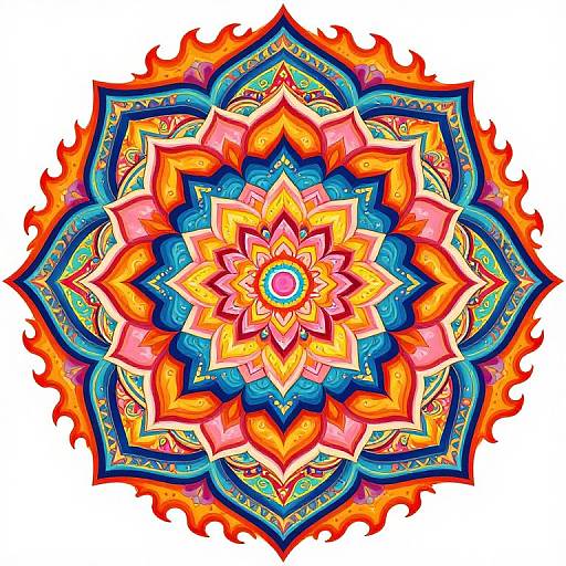 Vibrant digital mandala with fiery orange, pink, and blue petals, intricate patterns, and symmetrical design, surrounded by flame-like edges.