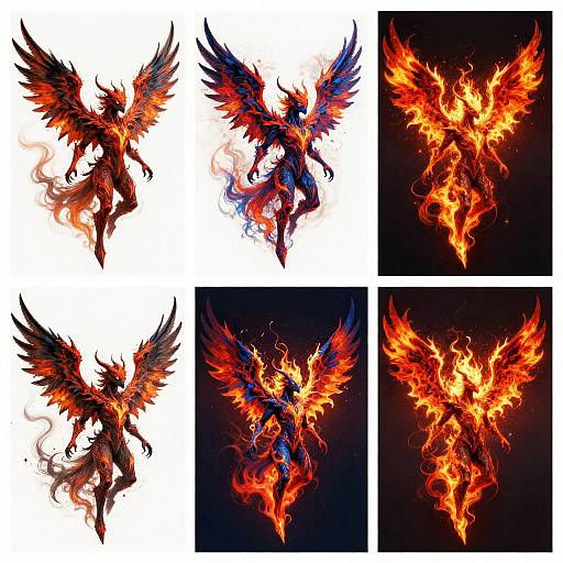Digital art: Five fiery, winged phoenixes in various poses, showcasing vibrant red, orange, and blue flames against white and black backgrounds. Dynamic