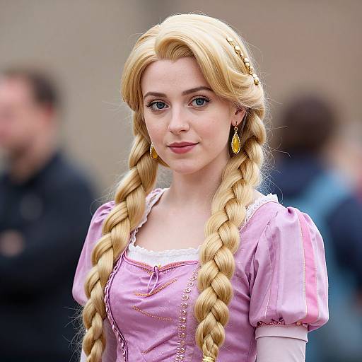 Photograph of a young woman with long, blonde braided hair, wearing a pink, puffed-sleeve dress, and golden earrings, with