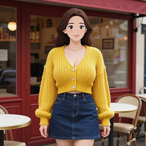 Digital illustration of a smiling woman with long brown hair, wearing a yellow knit cardigan and blue denim skirt, standing in front of a red café with