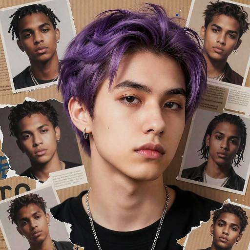 Photograph montage of a young man with light brown skin, purple short hair, and black top, surrounded by smaller portraits of himself.