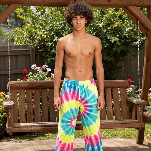 Photograph of a shirtless, young, curly-haired man with medium brown skin wearing vibrant tie-dye pants, standing on a wooden swing bench in