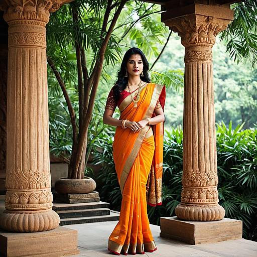 Indian Woman in Orange Saree Between Stone Pillars