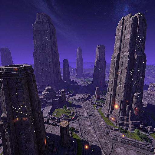 Digital art of a futuristic, purple-hued cityscape with towering, dark, stone skyscrapers, illuminated by glowing lights, under a starry