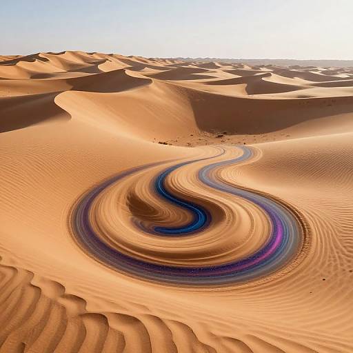 Photograph of a surreal, spiral-shaped track in golden sand dunes under bright sunlight, with a vivid blue and purple hue winding through the center.