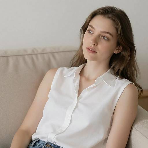 Relaxed Woman on Beige Couch in Daylight