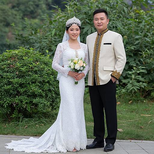 Photograph of an Asian couple on their wedding day; bride in white lace dress and veil, holding bouquet, groom in white jacket and black pants,