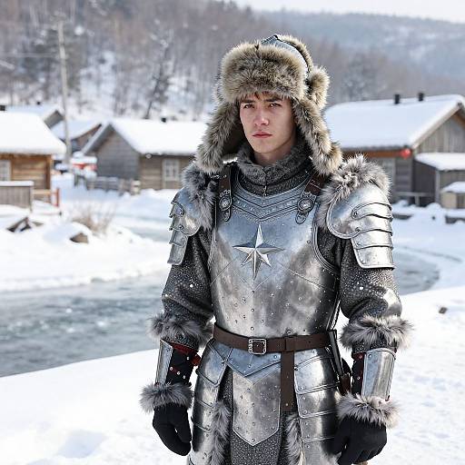 Photograph of a young man in silver medieval armor with fur trim, wearing a fur hat, standing in a snowy village.