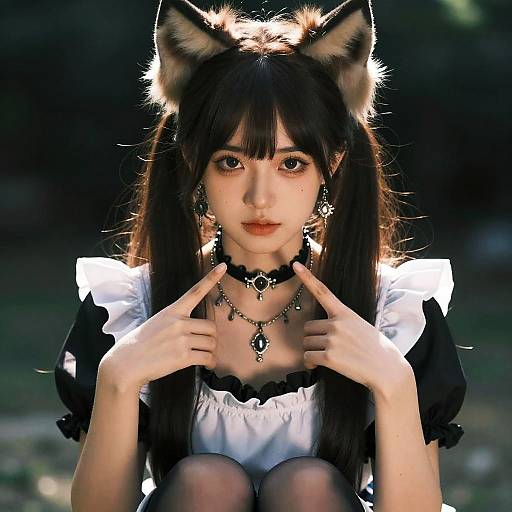 Photograph of a young woman with black cat ears, long black hair, and large eyes, wearing a black and white maid outfit, pointed fingers,