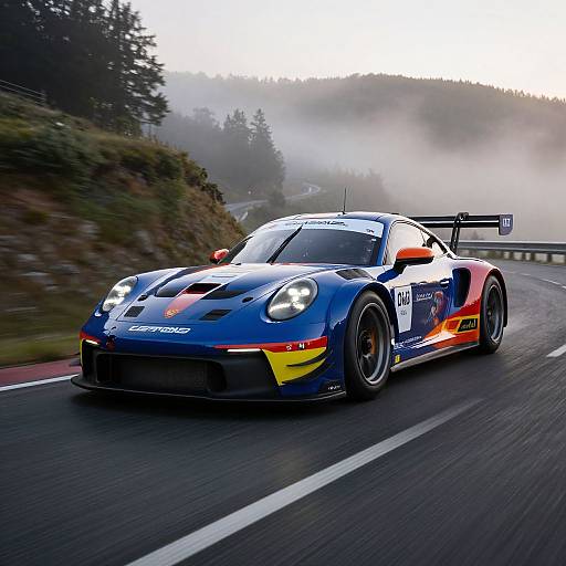 Photograph of a blue Porsche 911 GT3 race car speeding on a misty mountain road, adorned with colorful decals, headlights on, surrounded by