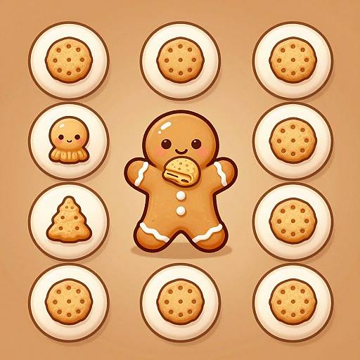 Digital illustration of a cute gingerbread cookie with icing, holding a cookie, surrounded by eight round white plates with orange cookies on a warm orange gradient background