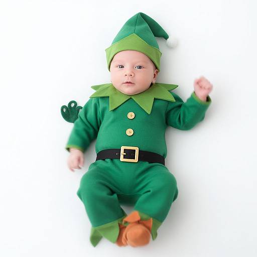 Photograph of a baby doll dressed as a green elf with a pointed hat, collar, buttons, belt, and orange shoes, lying on a white