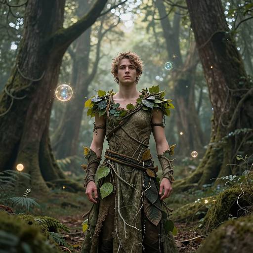 Photorealistic fantasy image of a curly-haired woman in a leafy, vine-adorned forest dress, standing amidst glowing bubbles in a misty