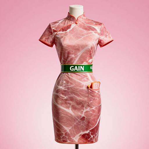 Photograph of a pink, marble-patterned dress with short sleeves, green 