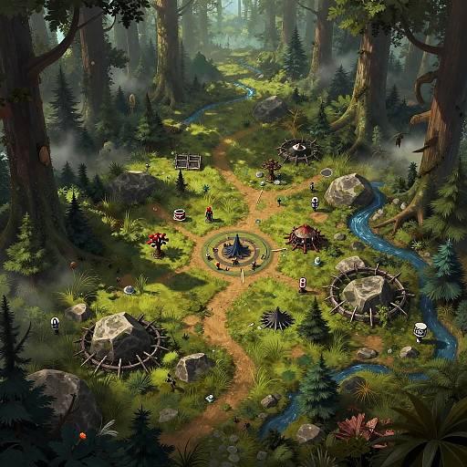 Fantasy forest campsite illustration: bright green meadow with winding path, tents, campfires, rocks, blue stream, trees, sunlight filtering through