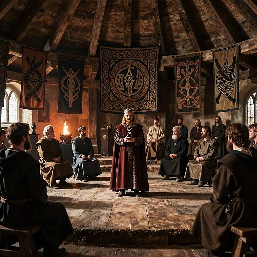 Photograph of a medieval-style scene inside a wooden, candlelit hall with Viking banners, a central woman in a long red dress and crown, and