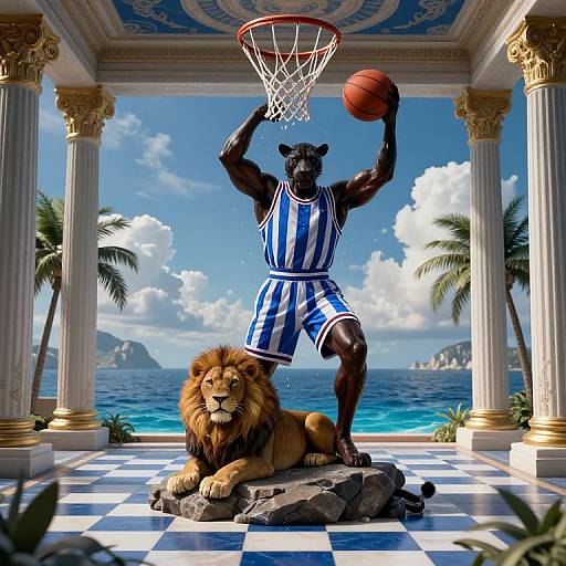 Photorealistic CGI of a muscular black panther in blue-and-white striped basketball uniform, shooting a ball through a hoop, with a resting lion on