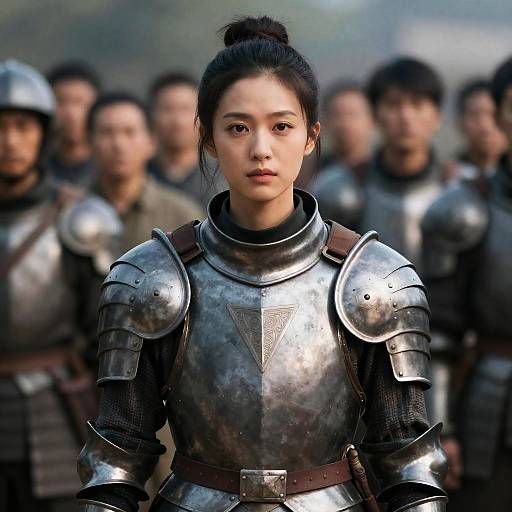 Photorealistic CGI image of an Asian woman with black hair in medieval silver armor, standing among a blurred group of similarly armored soldiers, outdoors.