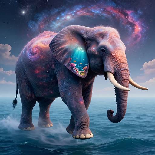Digital artwork of a majestic, galaxy-scaled elephant with vibrant, cosmic patterns on its skin, standing in a serene ocean under a starry night sky
