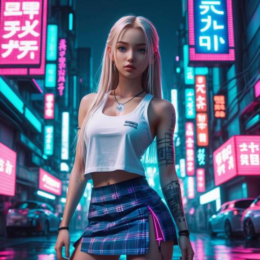 Young Woman in Neon-Lit City Street