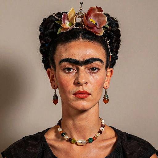 Photograph of a woman with dark hair in braids, wearing a floral headpiece, red earrings, and beaded necklace, against a plain gray