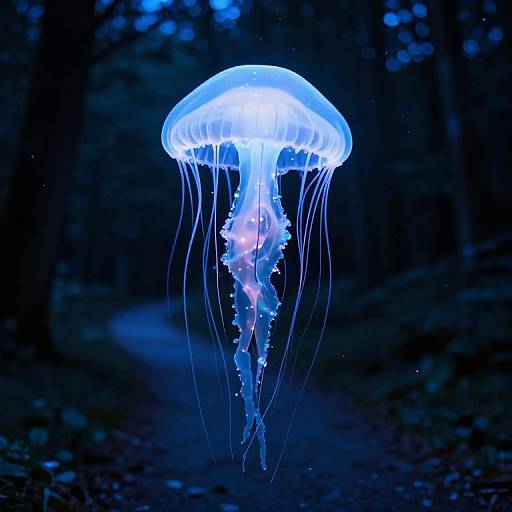 Photograph of a glowing blue jellyfish with translucent bell and long, dangling tentacles, floating in a dark, forested night setting.