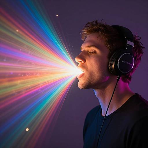 Photograph of a man with short brown hair, wearing black headphones, emitting vibrant rainbow light beams from his mouth against a purple background.
