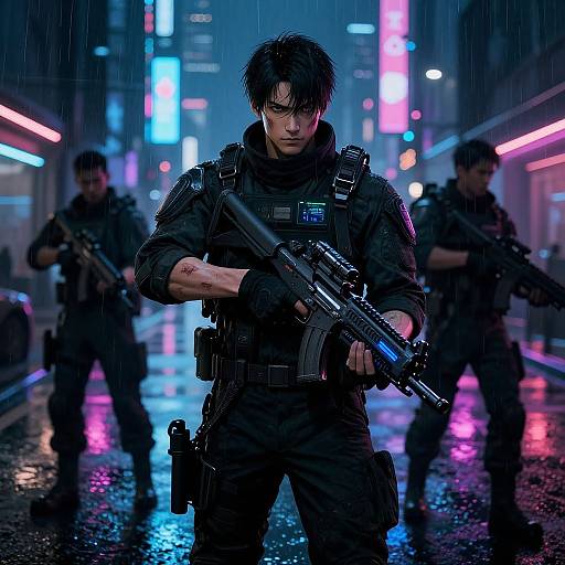 Cyberpunk street scene: Wet, rain-soaked, muscular man with dark hair and intense expression, holding assault rifle, flanked by shadowy