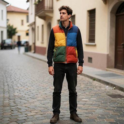 Man in Colorful Vest on Cobblestones